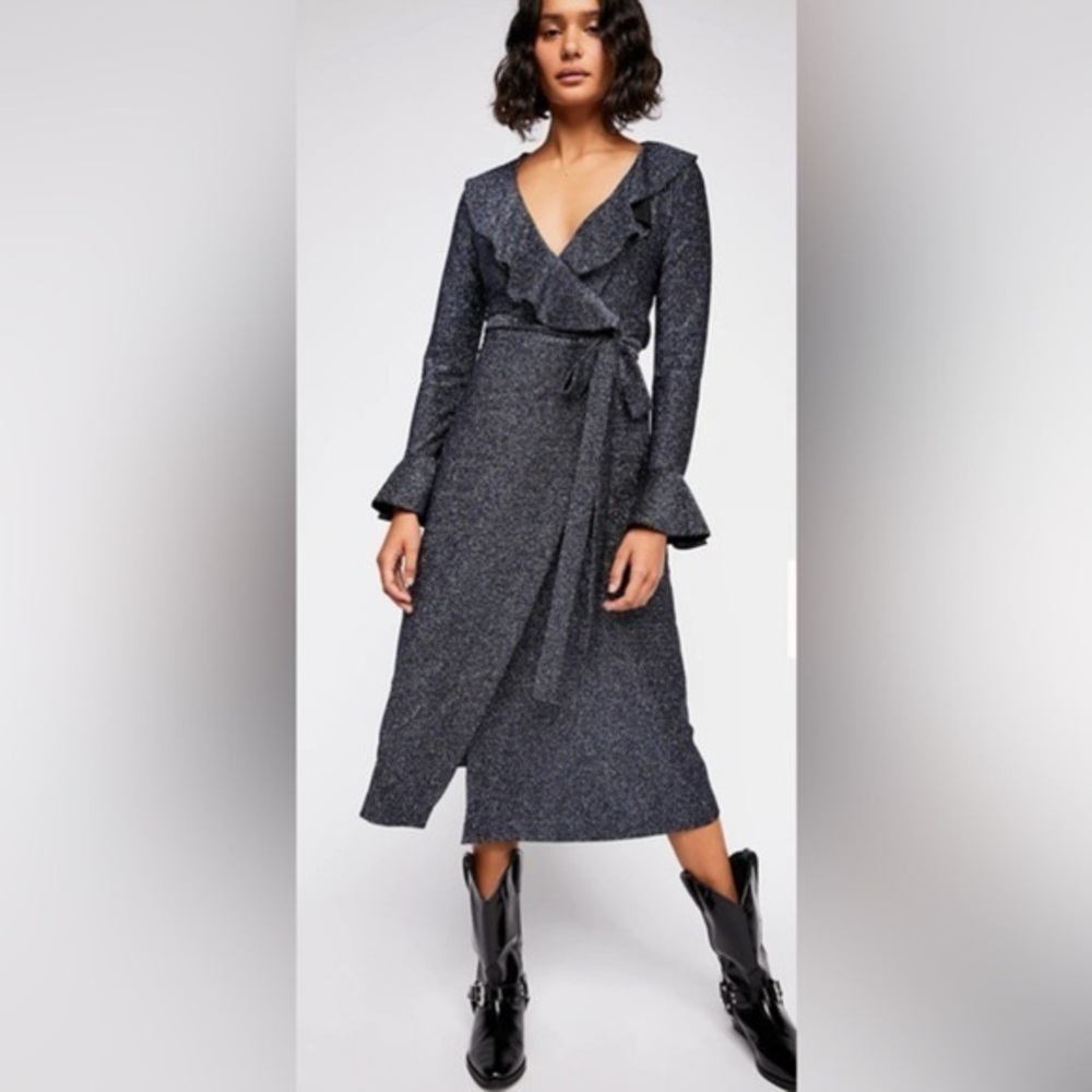 NWT Free People One more time Blue Black Shimmer Ruffle Fluence Midi wrap dress